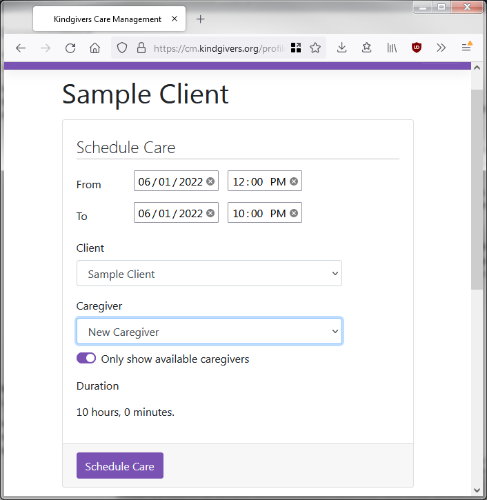 Screenshot of a sample Client profile page.